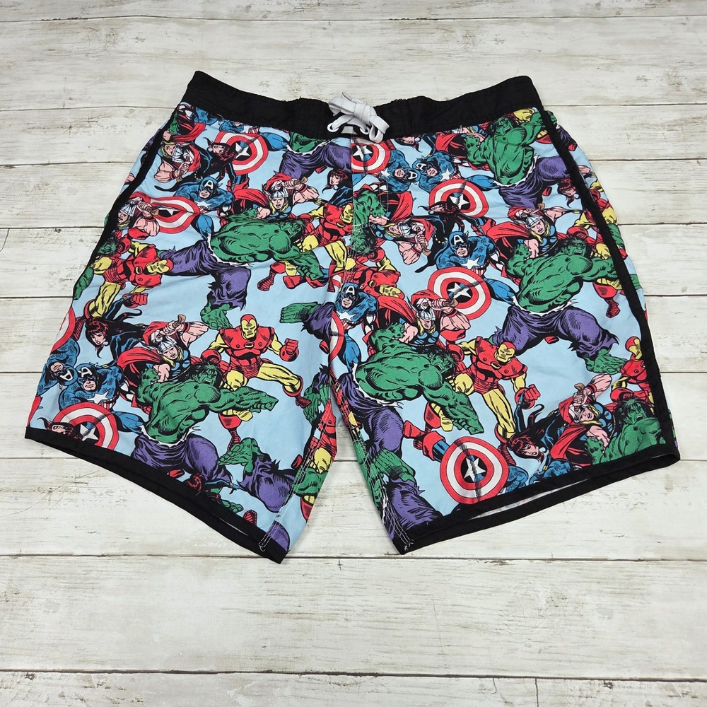 Marvel Avengers Board Shorts Swim Trunks Mens Large Blue Comic Book Print